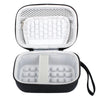 A black hard shell case with a white interior foam insert for protecting digital cameras.