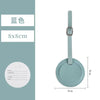 A light blue PU leather luggage tag with a rectangular shape and a silver clip.