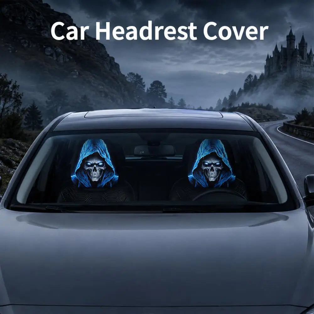 Car headrest cover featuring a pair of gothic skull designs with a blue glow on the interior of a car.