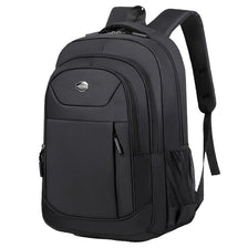 Black unisex double-shoulder travel backpack with multiple compartments and adjustable straps