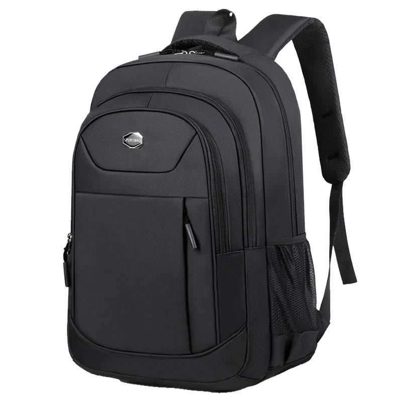 Black unisex double-shoulder travel backpack with multiple compartments and adjustable straps