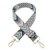 A patterned nylon bag strap featuring gray, beige, and navy chevron designs.