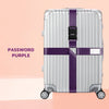 Silver rolling suitcase with purple cross straps and a black lock.