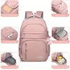 A pink versatile travel backpack shown with various storage features like front bags and internal layers.