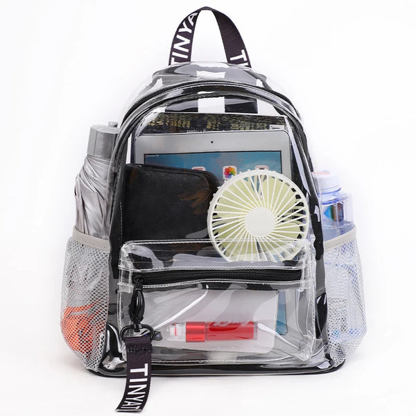 A clear capacity backpack with a black interior, featuring multiple compartments and a mesh exterior.