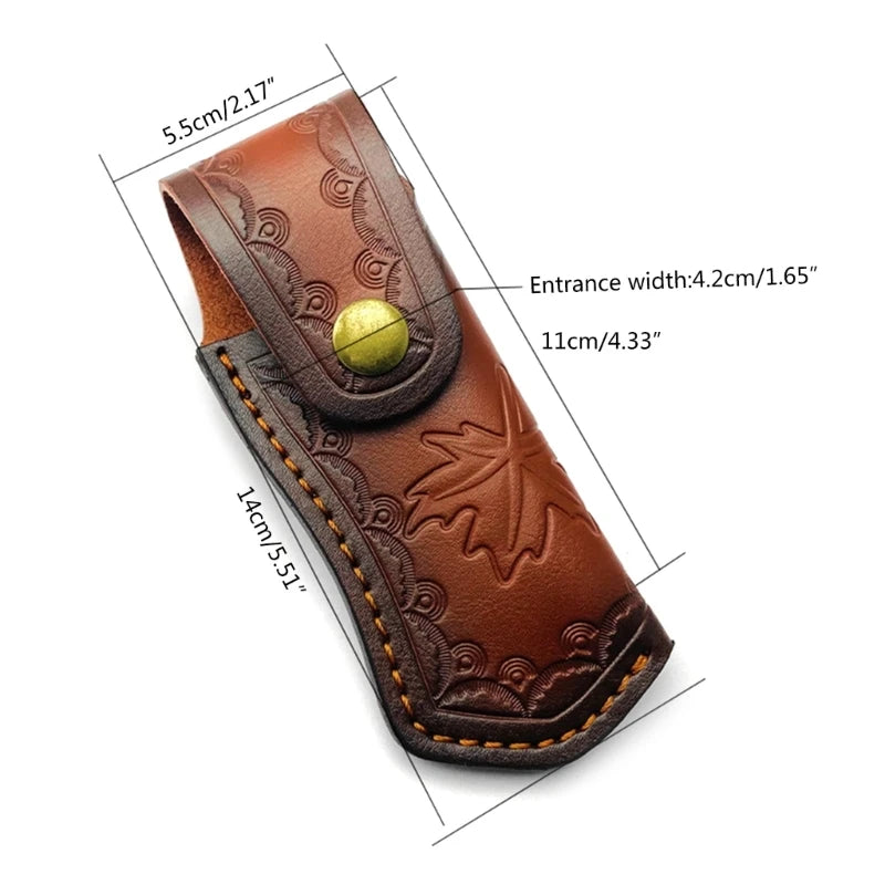 A brown leather knife sheath with a decorative pattern and a brass-colored button, shown from the side.