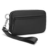 Black zippered multi-card wallet with a clear ID window and a black strap.