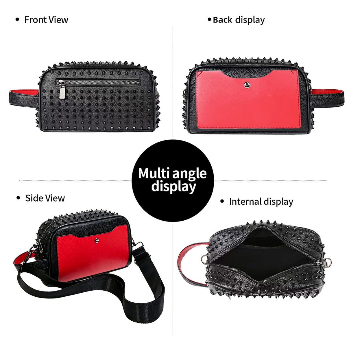 Front, back, side, and internal views of a black studded crossbody sling bag with a red accent.