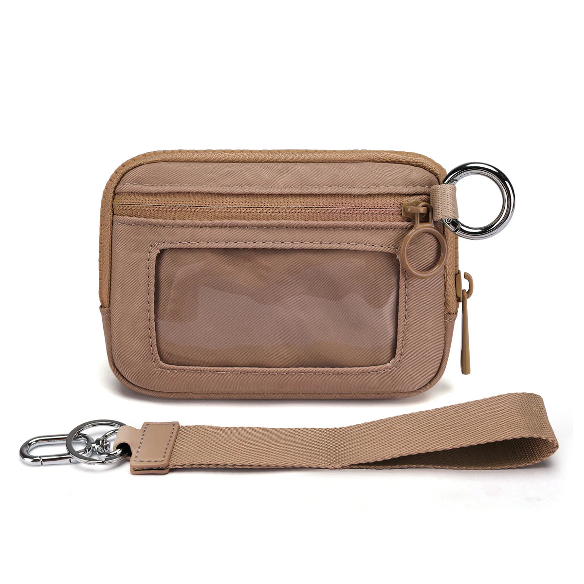 A tan multi-functional zipper wallet with a clear window and a leather strap attached.