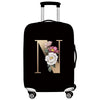 Black premium stretch luggage protective cover with silver handles and wheels.