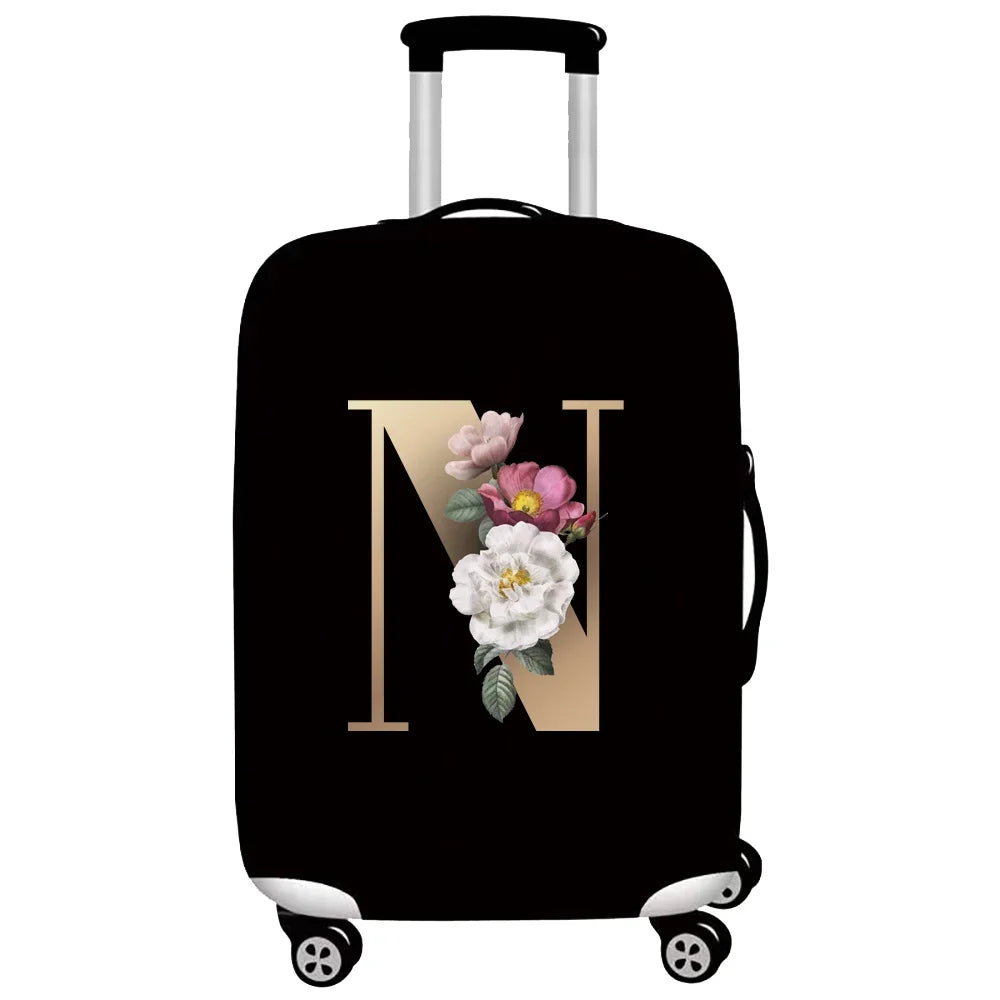 Black premium stretch luggage protective cover with silver handles and wheels.