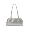 A silver glossy PU leather tote bag with dual straps shown from the front.