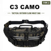 Olive green camouflage tactical sling waist bag with black strap and buckle