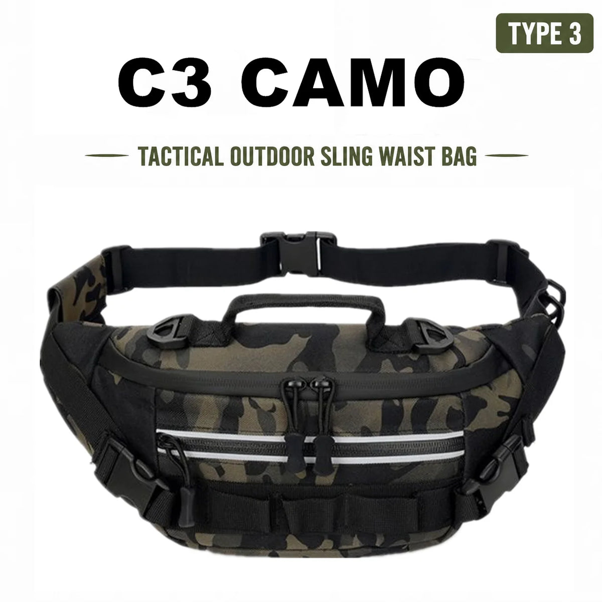 Olive green camouflage tactical sling waist bag with black strap and buckle