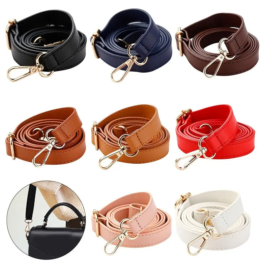 Collection de sangles et sacs en cuir réglables de couleur noire, bleu marine, marron, rouge et rose.