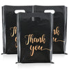 Three black plastic gift bags with gold script text saying Thank you