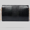 Black alligator pattern leather clutch bag with gold chain strap