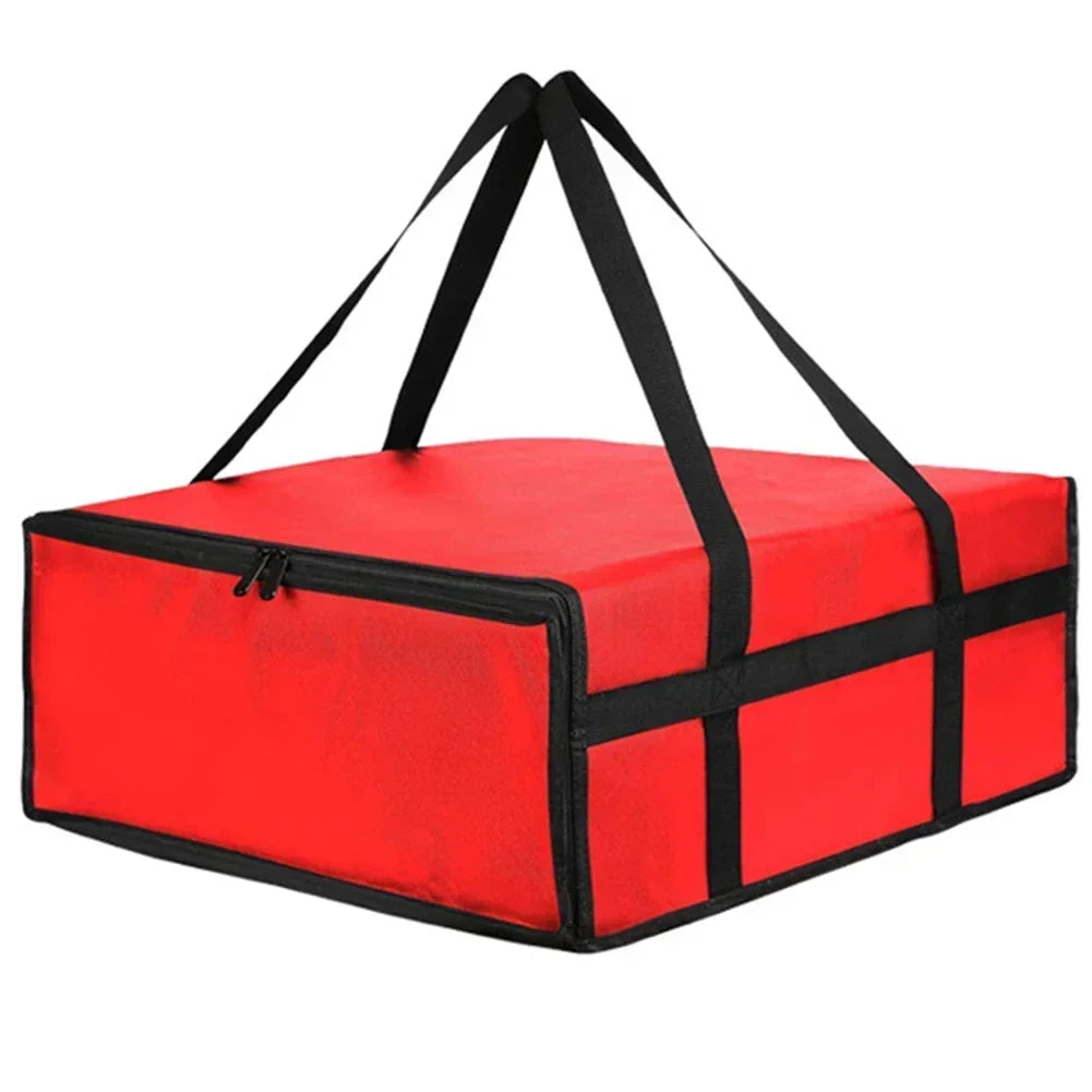 A bright red insulated non-woven pizza delivery bag with black straps.