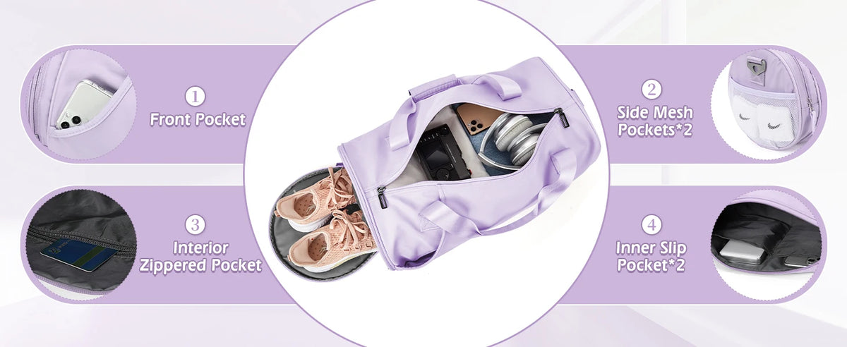Diagram showing the features of a purple waterproof travel duffel bag, including front pocket, side mesh pockets, interior zi