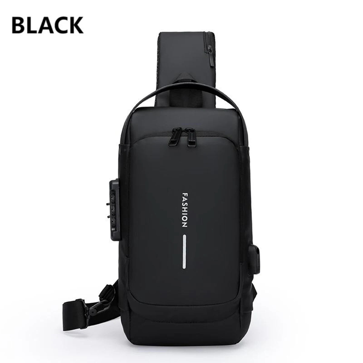 A black men's anti-theft lock chest bag shown from the back.