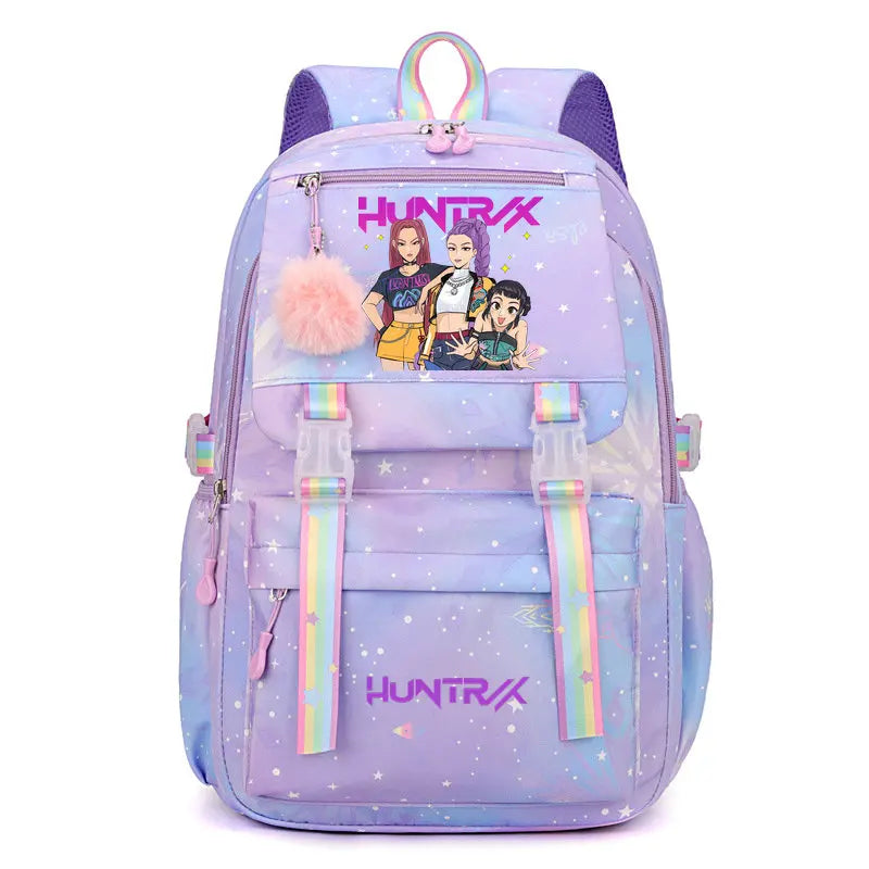 A purple and pink Hunter X laptop backpack featuring a graphic of three female characters.