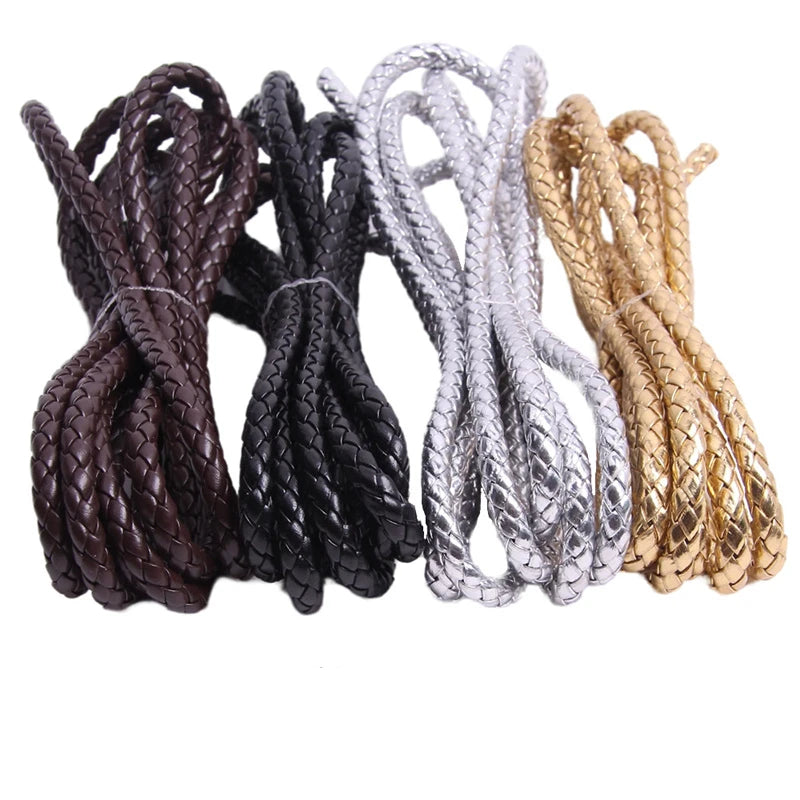 A collection of braided leather cords in dark brown, black, silver, and gold colors for jewelry making.