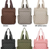 A collection of quilted women's backpack totes in various colors including brown, khaki, off-white, black, green, and pink.