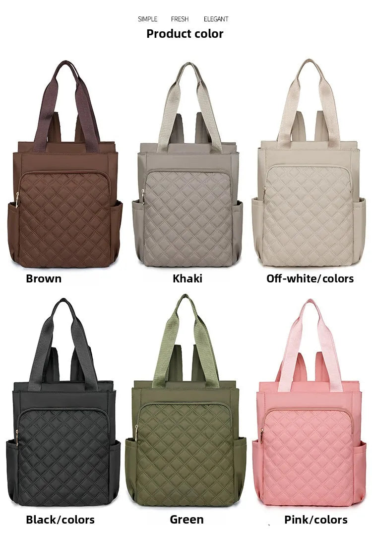 A collection of quilted women's backpack totes in various colors including brown, khaki, off-white, black, green, and pink.