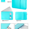 Light blue leather laptop sleeve case shown in various views including side front and inside view
