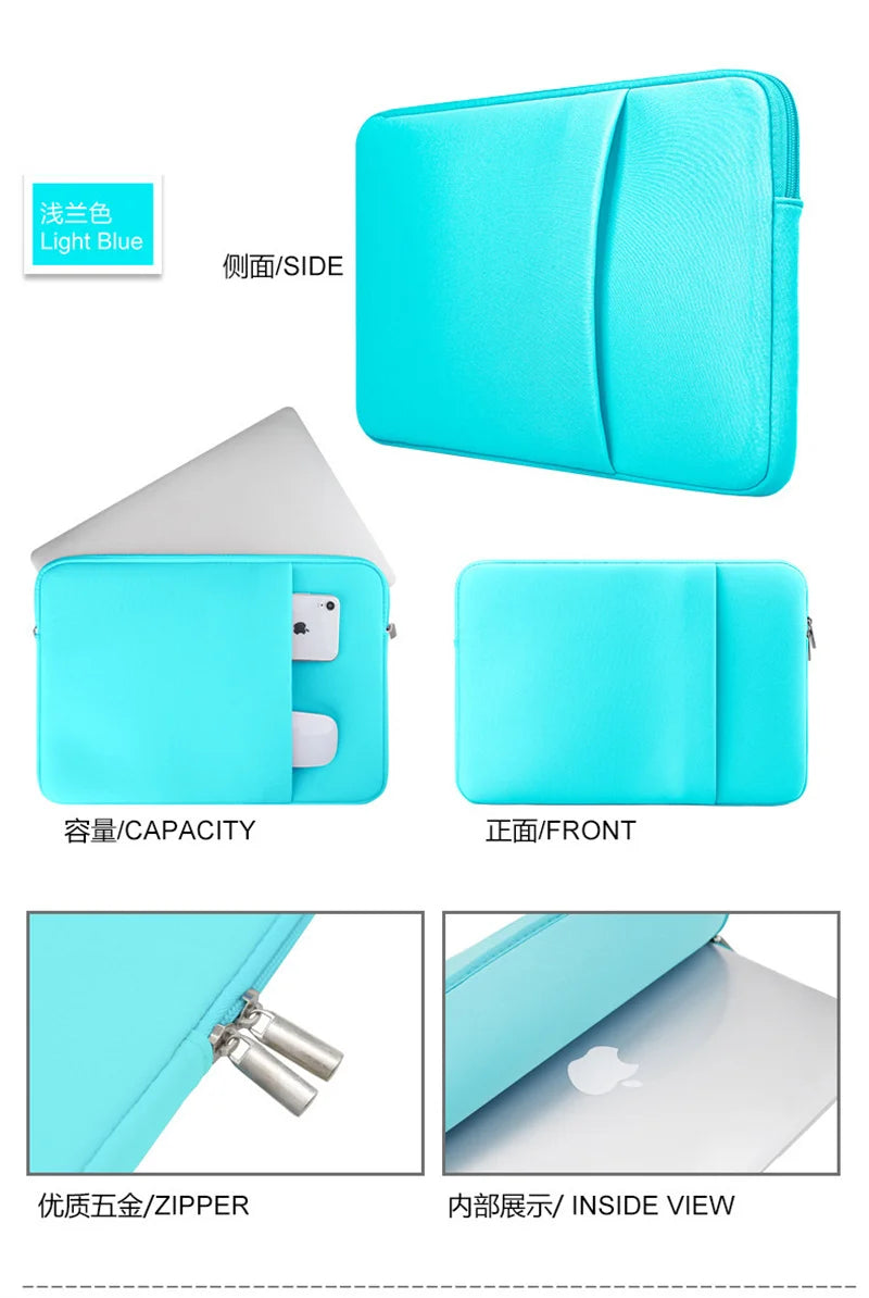 Light blue leather laptop sleeve case shown in various views including side front and inside view