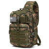 Olive green camouflage sling backpack with an American flag patch