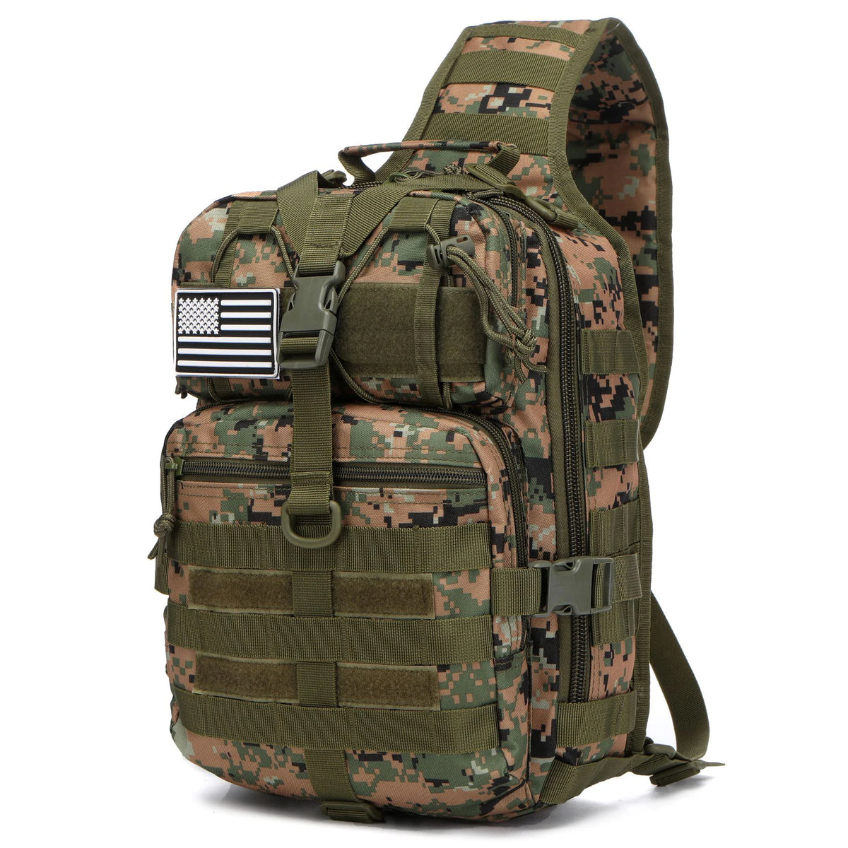 Olive green camouflage sling backpack with an American flag patch