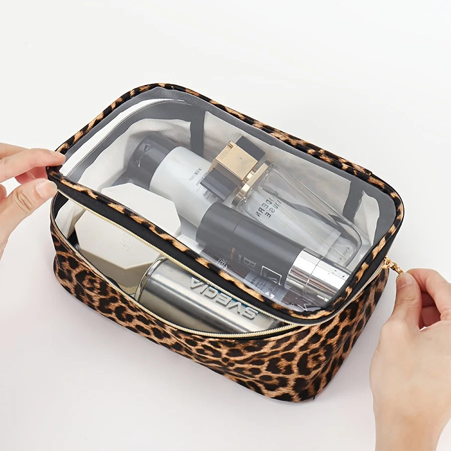 A leopard print cosmetic bag with a clear lid is shown open, containing various skincare products.