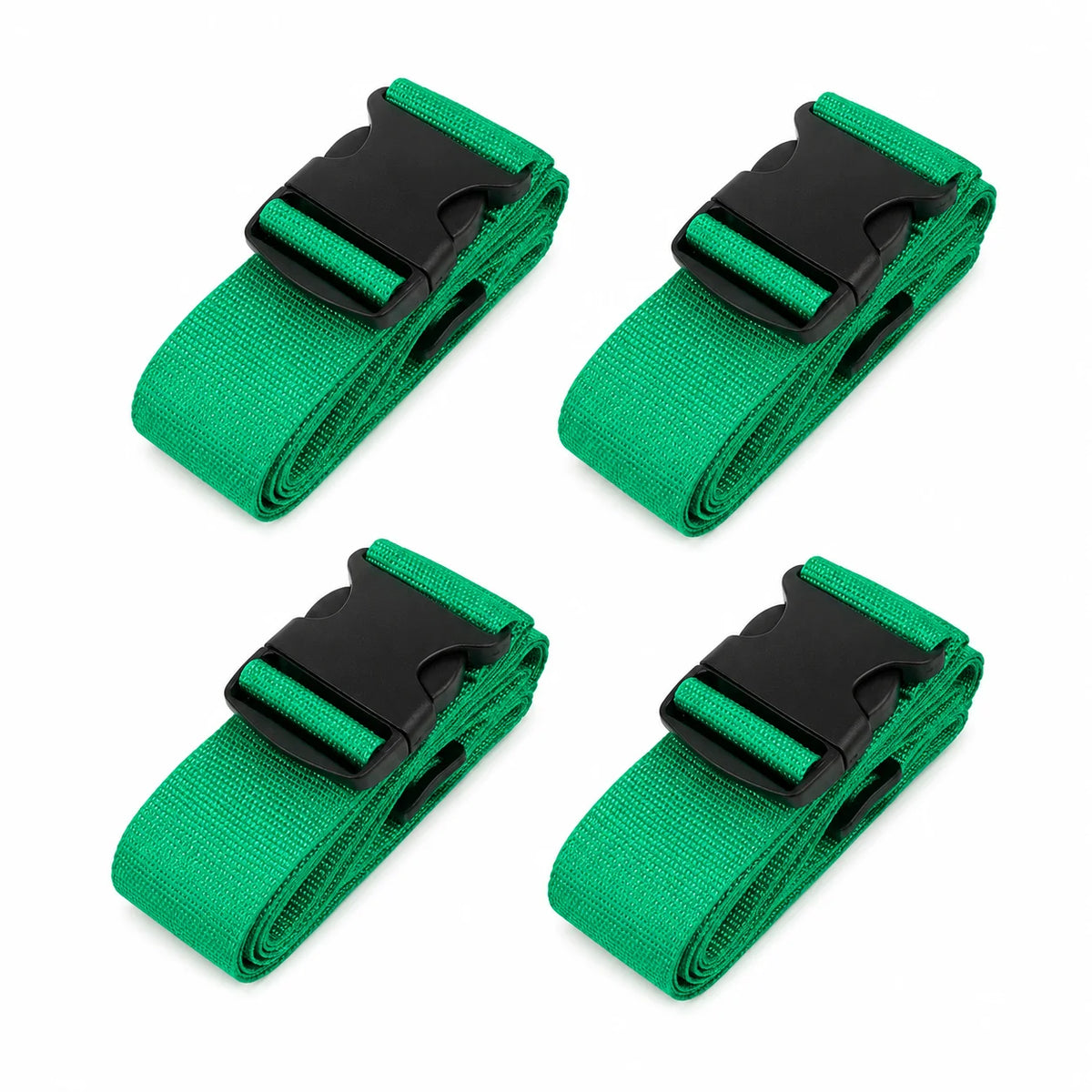 Four green and black adjustable luggage straps shown from above