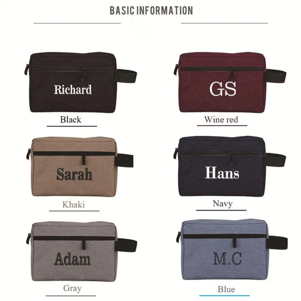 A collection of personalized embroidered travel cosmetic bags featuring names and initials in various colors like black, wine