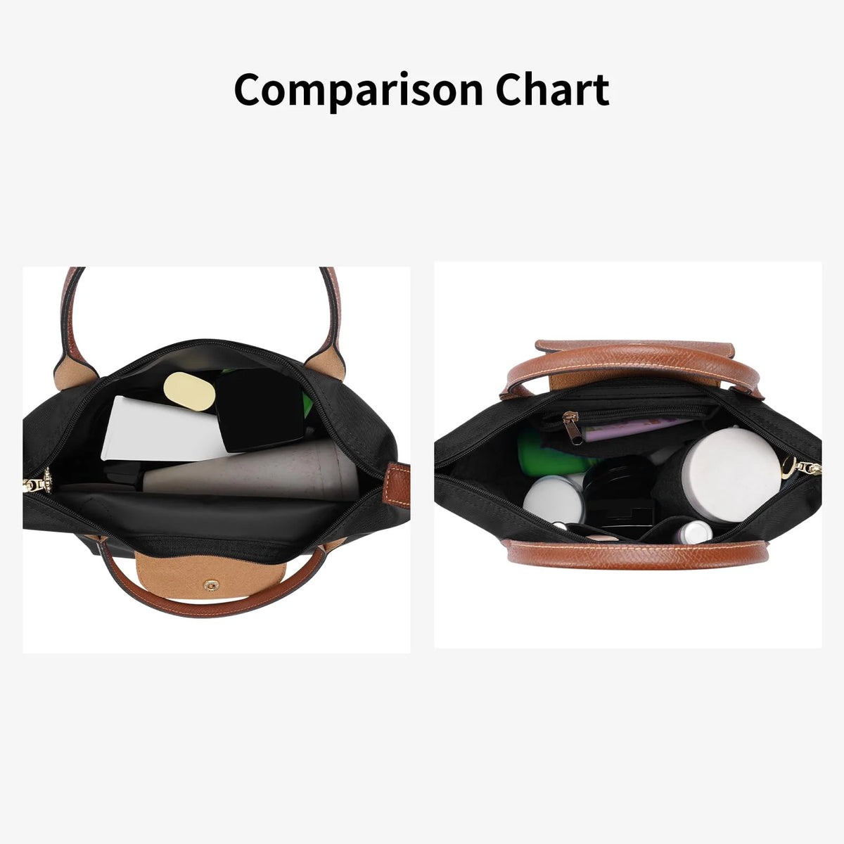 Comparison chart showing two different multi-size felt organizer inserts for handbags.