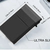 A black ultra slim metal RFID credit card holder wallet shown on a white surface.