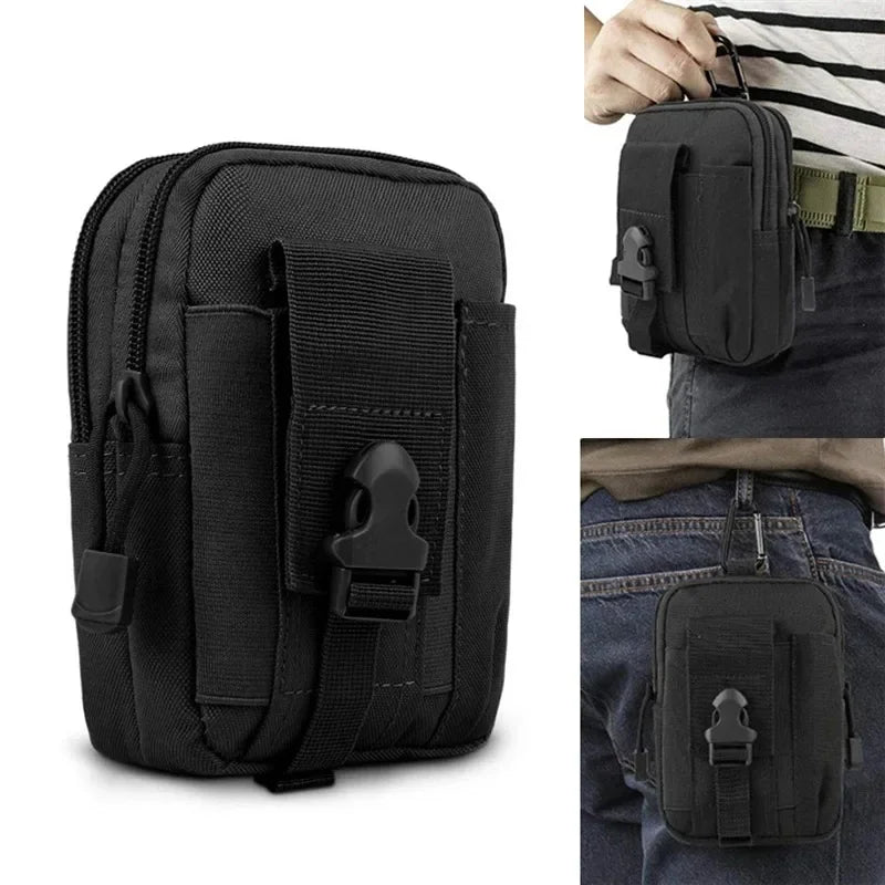 Black tactical MOLLE waist pouch with a secure phone pocket being held by a hand.