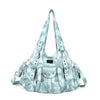 A light blue distressed PU leather hobo shoulder bag with silver hardware.