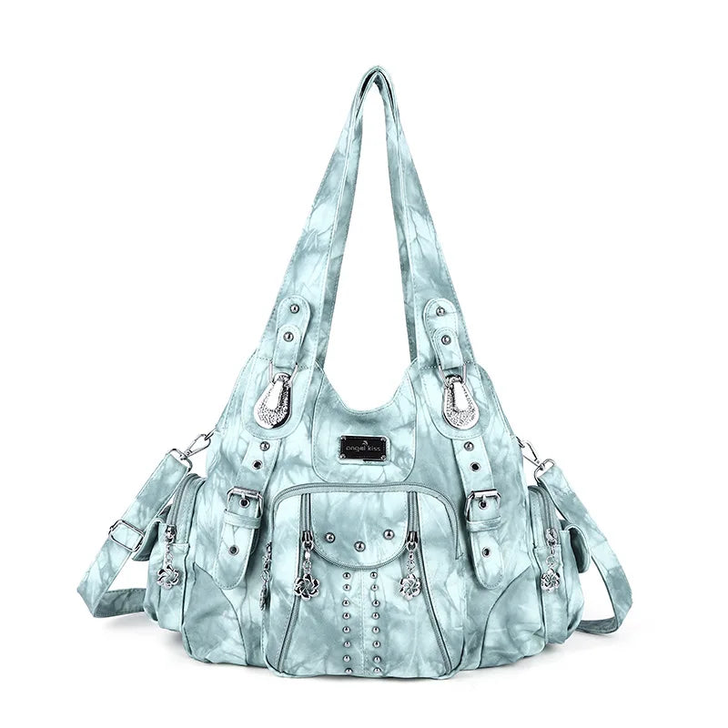 A light blue distressed PU leather hobo shoulder bag with silver hardware.