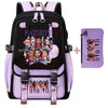 A purple and black canvas backpack featuring a funny print of girls.