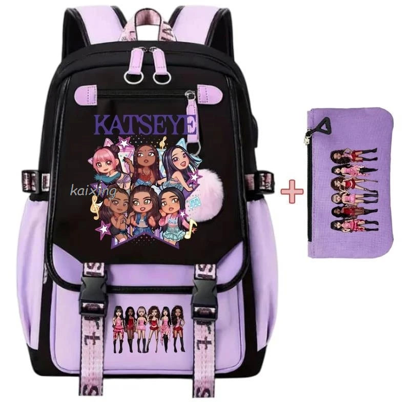 A purple and black canvas backpack featuring a funny print of girls.