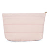 A light pink quilted cosmetic travel bag with a zipper closure.