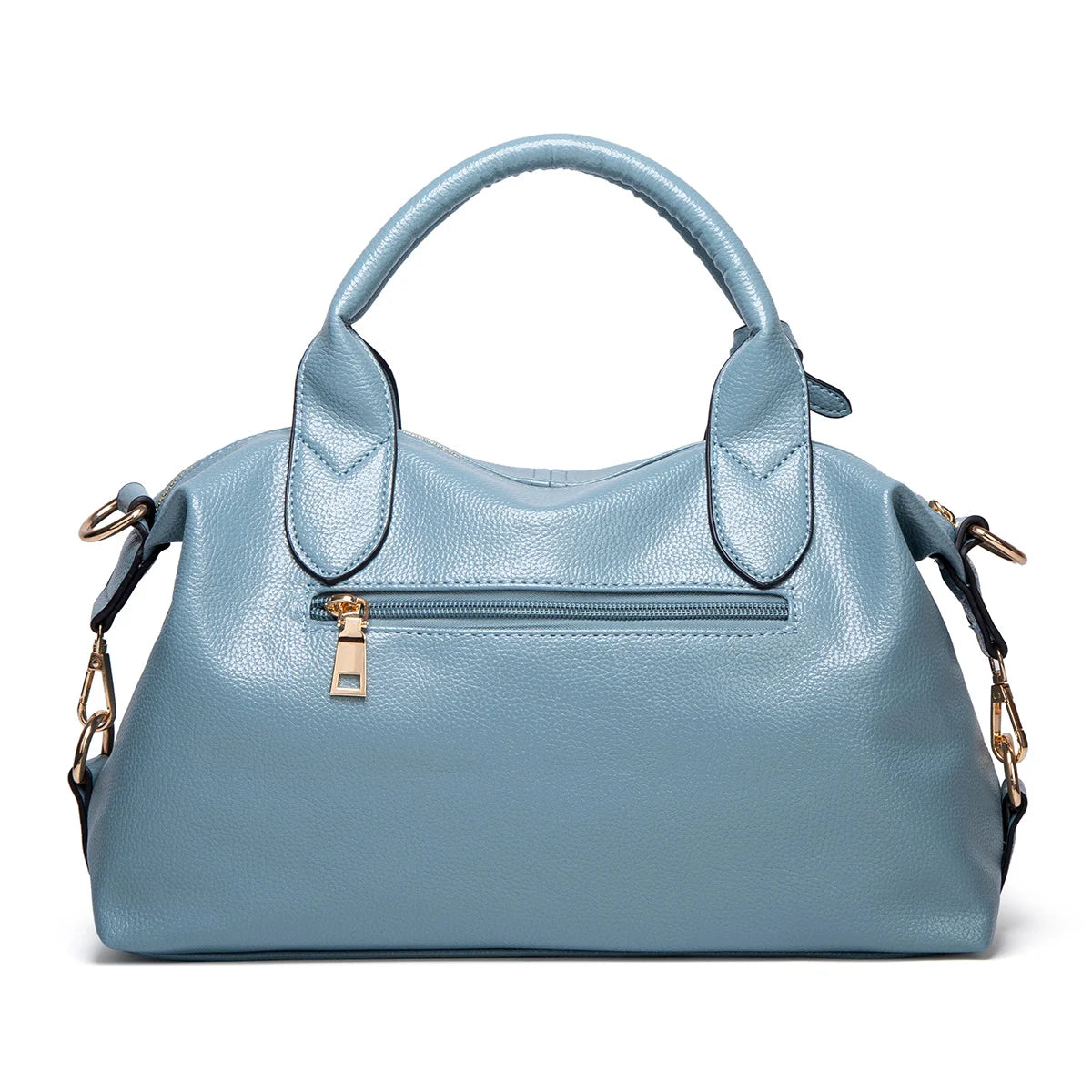 A light blue faux leather Boston handbag with a padded top and gold hardware.