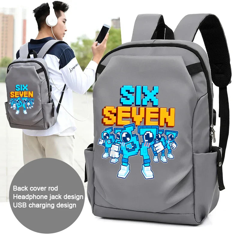 Grauer Rucksack mit der Aufschrift SIX SEVEN, gezeigt neben einer Person.