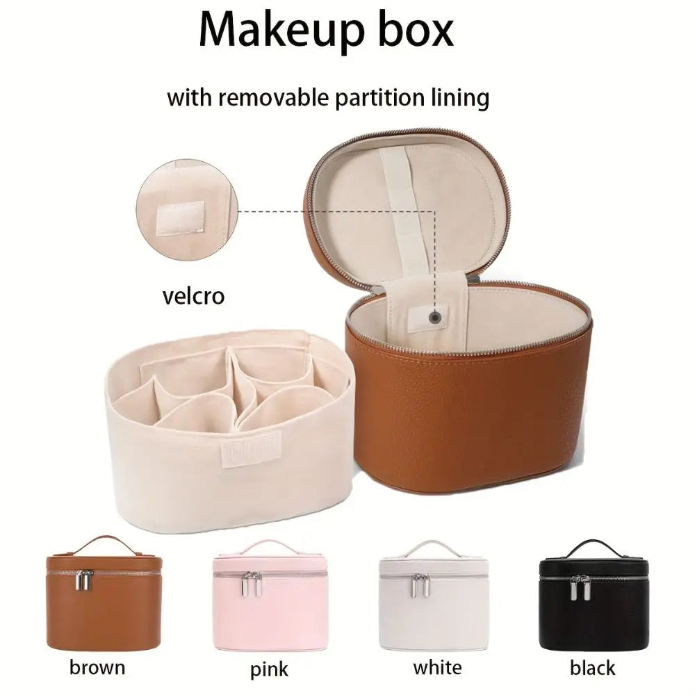 Makeup box with removable partition lining shown in brown, pink, white, and black colors.