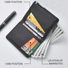 A black slim vertical card wallet is shown open, displaying various bank notes and cards.