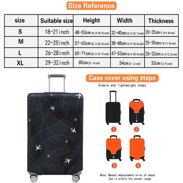 A black stretch fabric luggage protection cover shown with four steps for easy use.