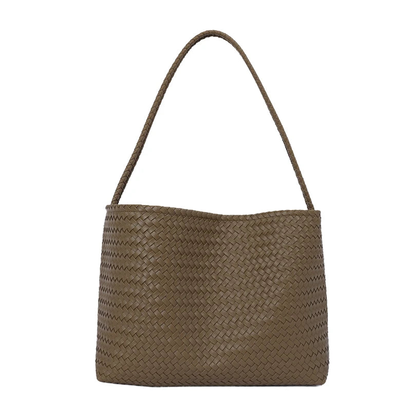 A brown woven PU bucket shoulder bag with a long strap.