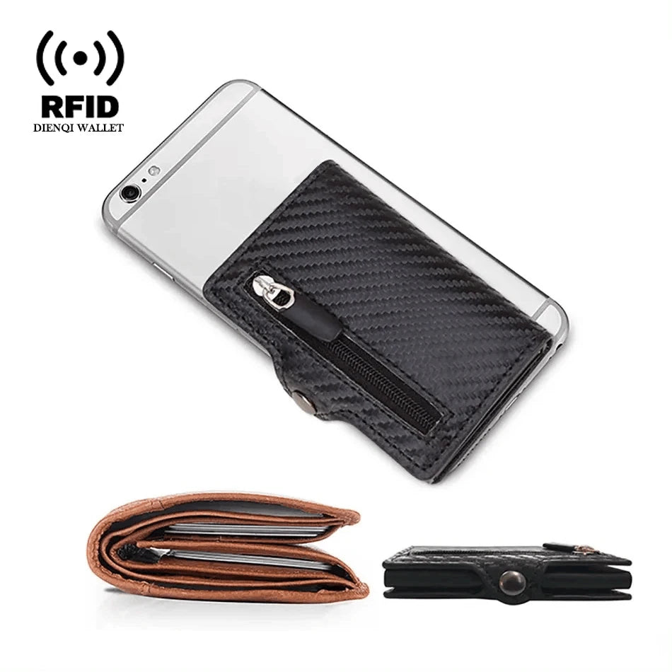 A slim black carbon fiber wallet and a smartphone with an RFID wallet attachment.